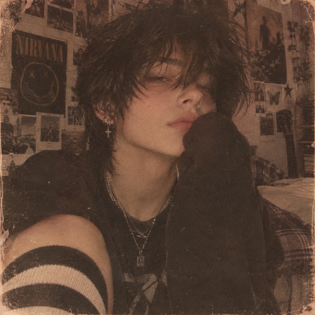 Soft grunge aesthetic femboy PFP with film grain filter and faded warm tones