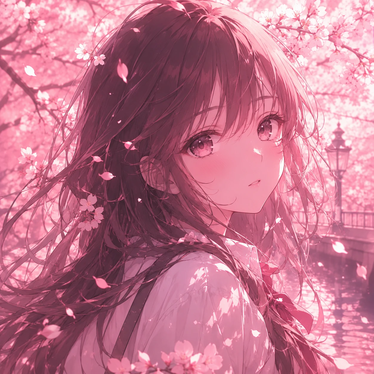 Aesthetic anime girl pfp under falling cherry blossom petals with pink tint