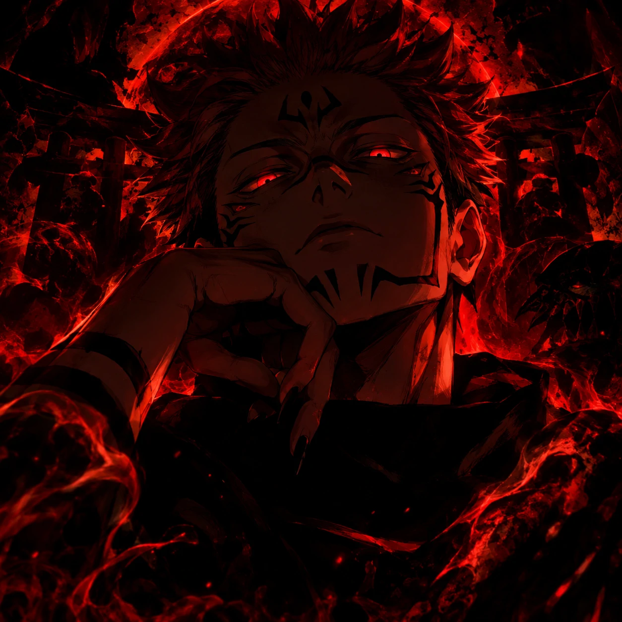 Aesthetic Jujutsu Kaisen PFP of Sukuna surrounded by deep red glow and shadows