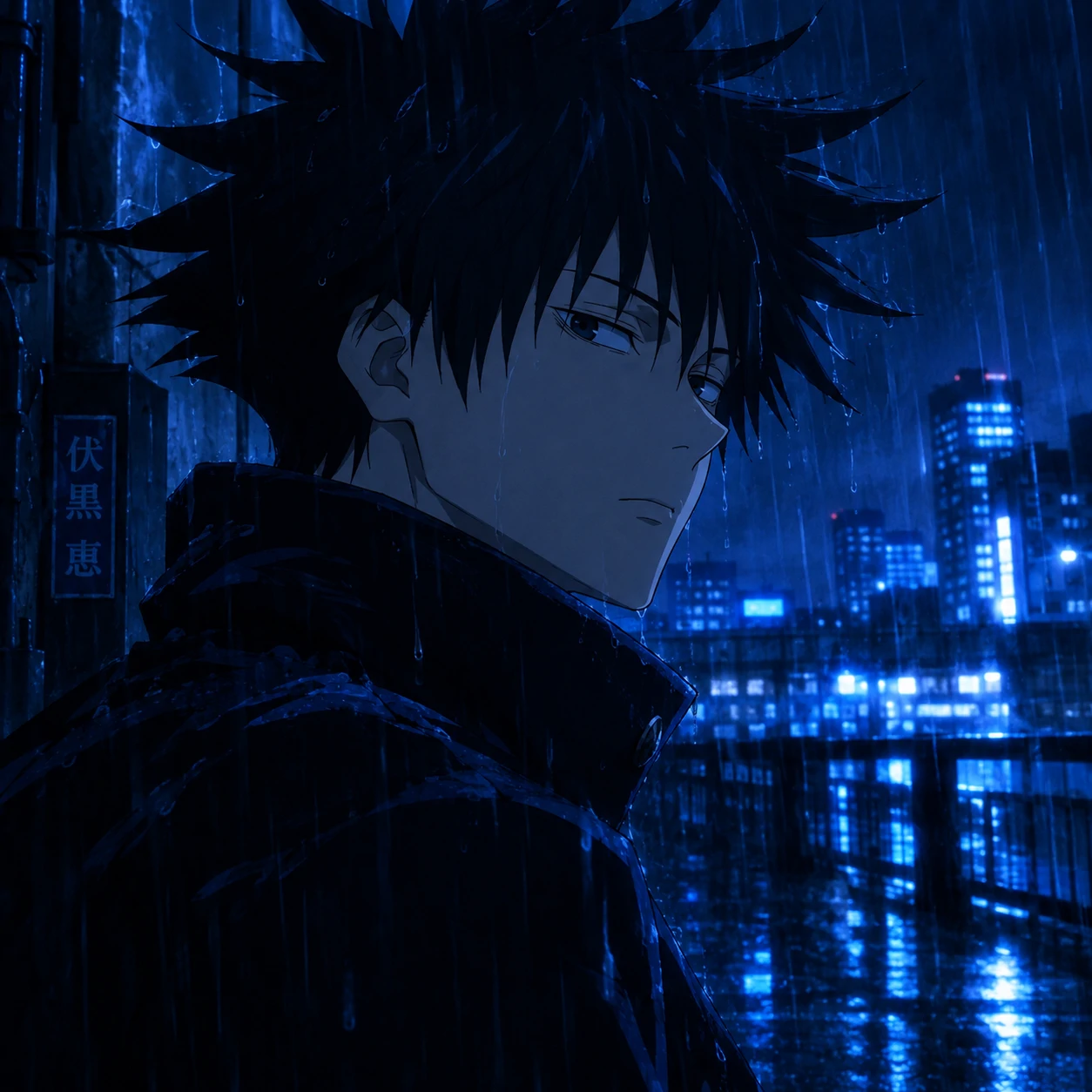 Aesthetic Jujutsu Kaisen PFP of Megumi Fushiguro standing in blue-tinted rain at night