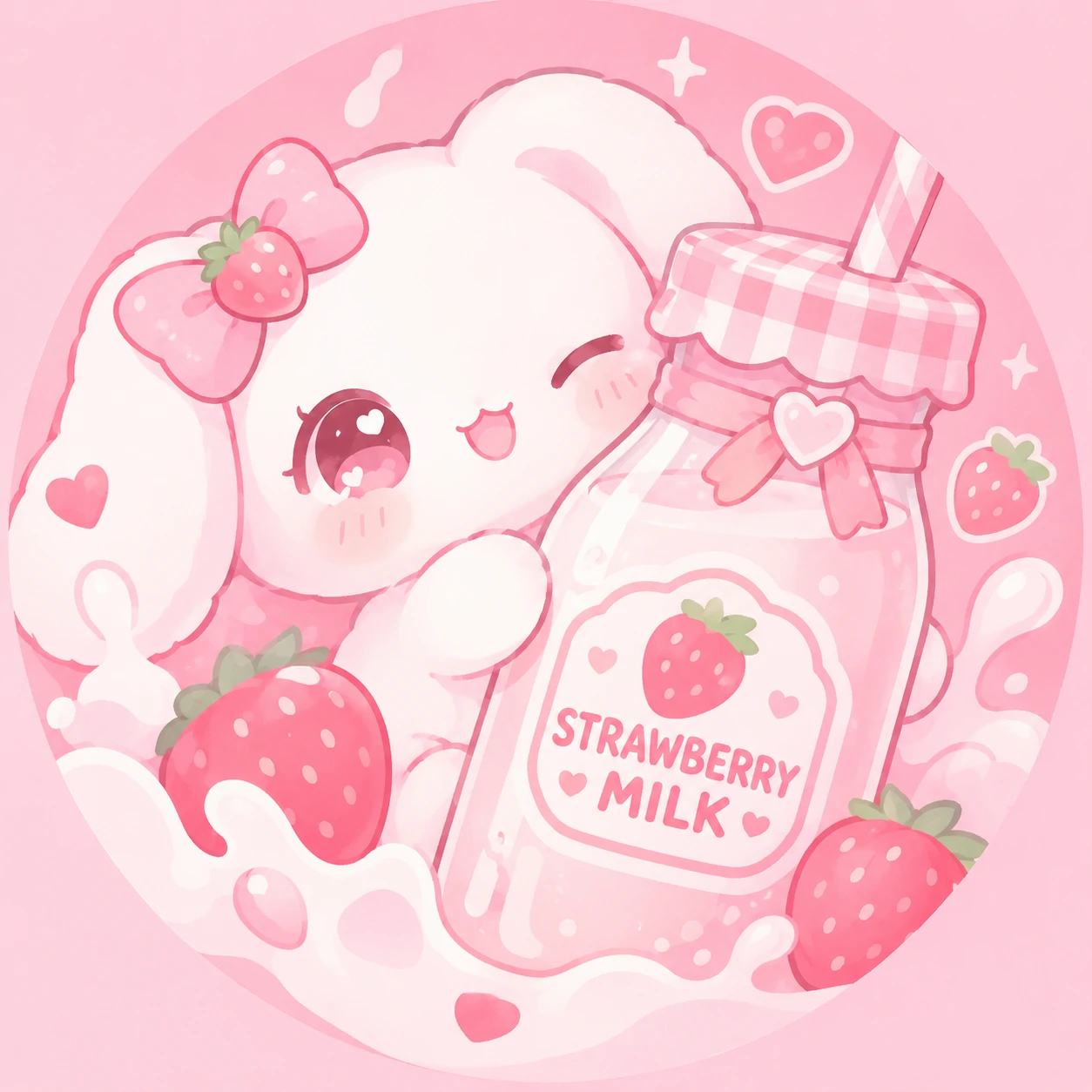 Aesthetic kawaii PFP themed around strawberry milk with pink and white palette