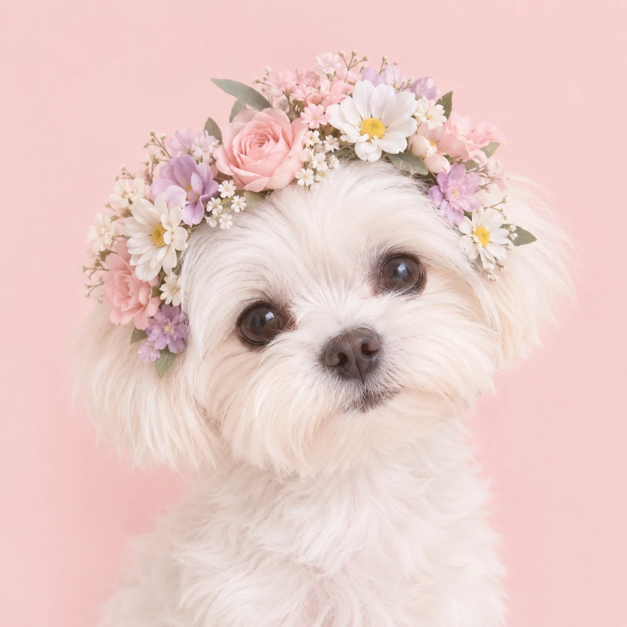 Aesthetic pastel dog PFP with a small dog wearing a flower crown
