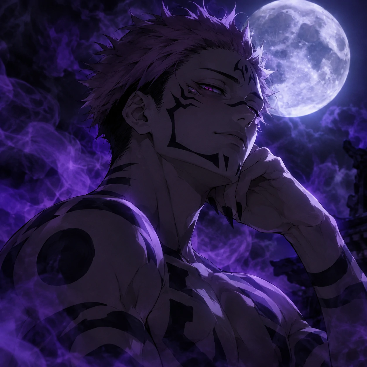 Aesthetic Sukuna icon under moonlight with purple haze and cursed tattoos