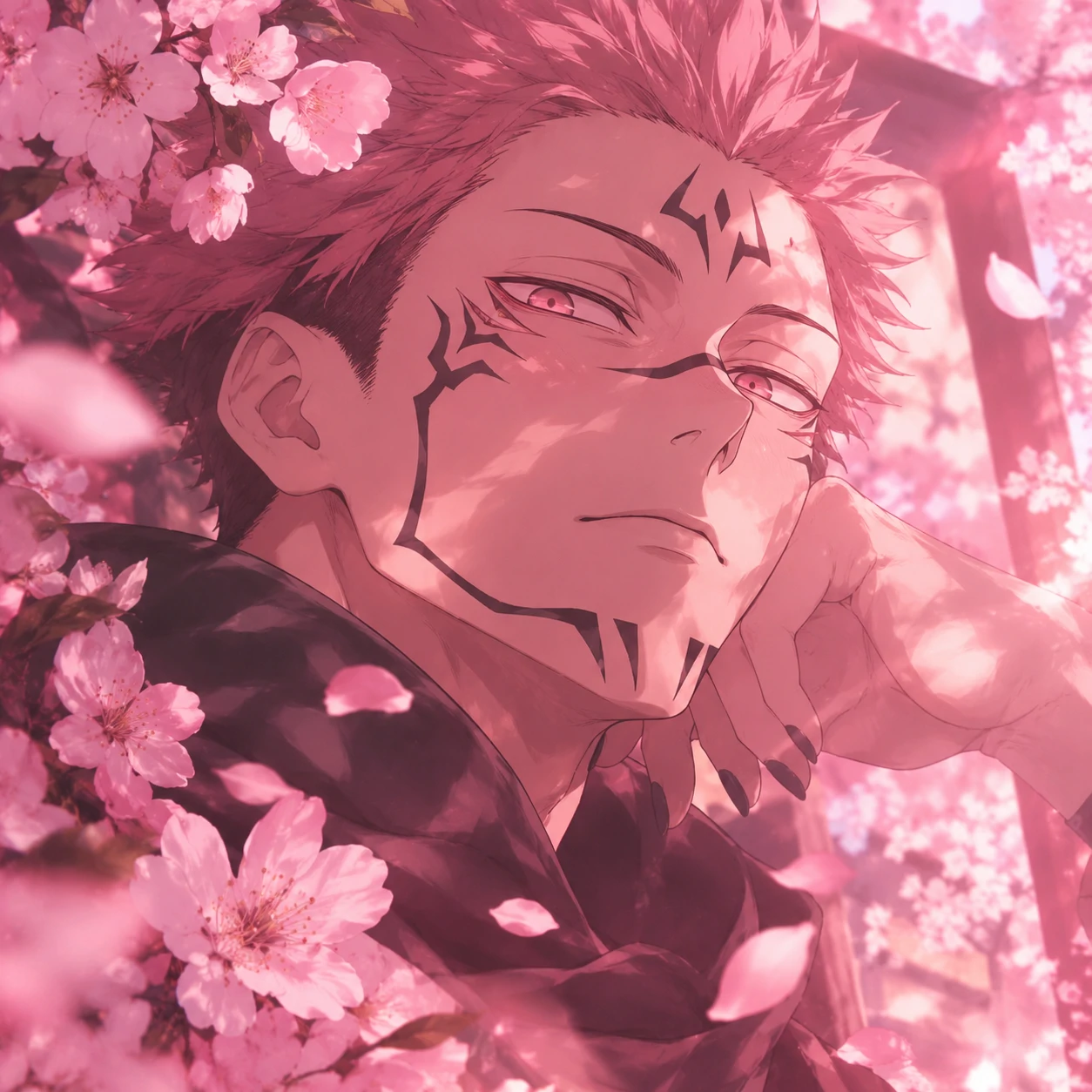 Pink toned aesthetic Sukuna profile picture edit with flowers and soft lighting