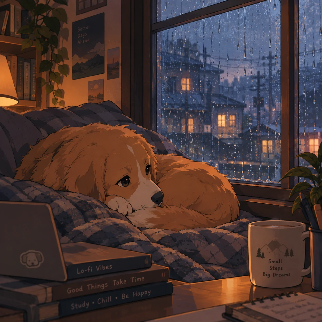 Cozy anime dog PFP with lofi aesthetic and rainy window background
