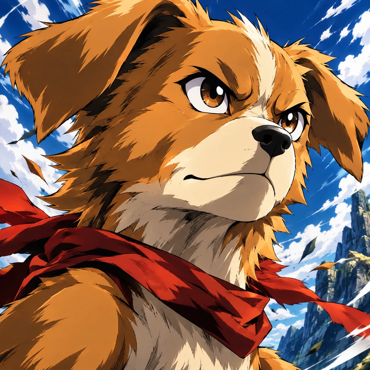 Anime dog profile picture in shonen style with determined expression