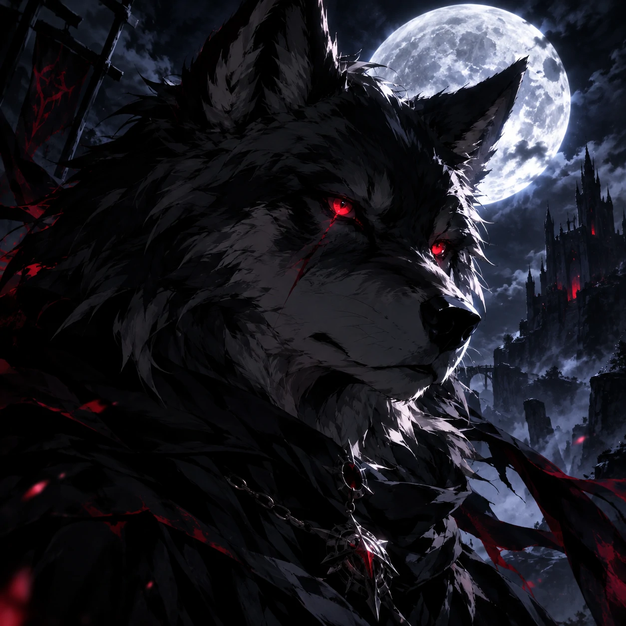 Dark anime dog PFP of a wolf-like dog with dramatic lighting
