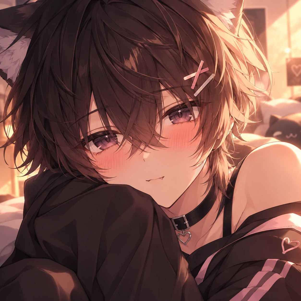 Anime femboy PFP with soft blush edit, warm lighting and detailed hair shading