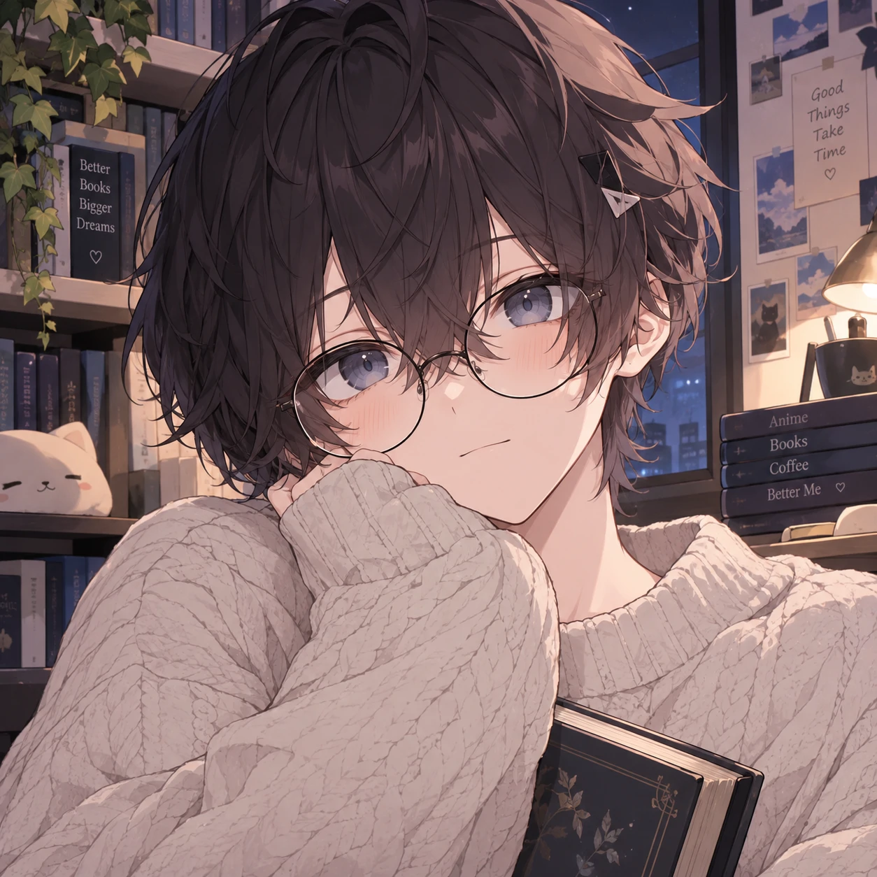 Anime femboy PFP with round glasses, soft sweater and gentle bookish expression