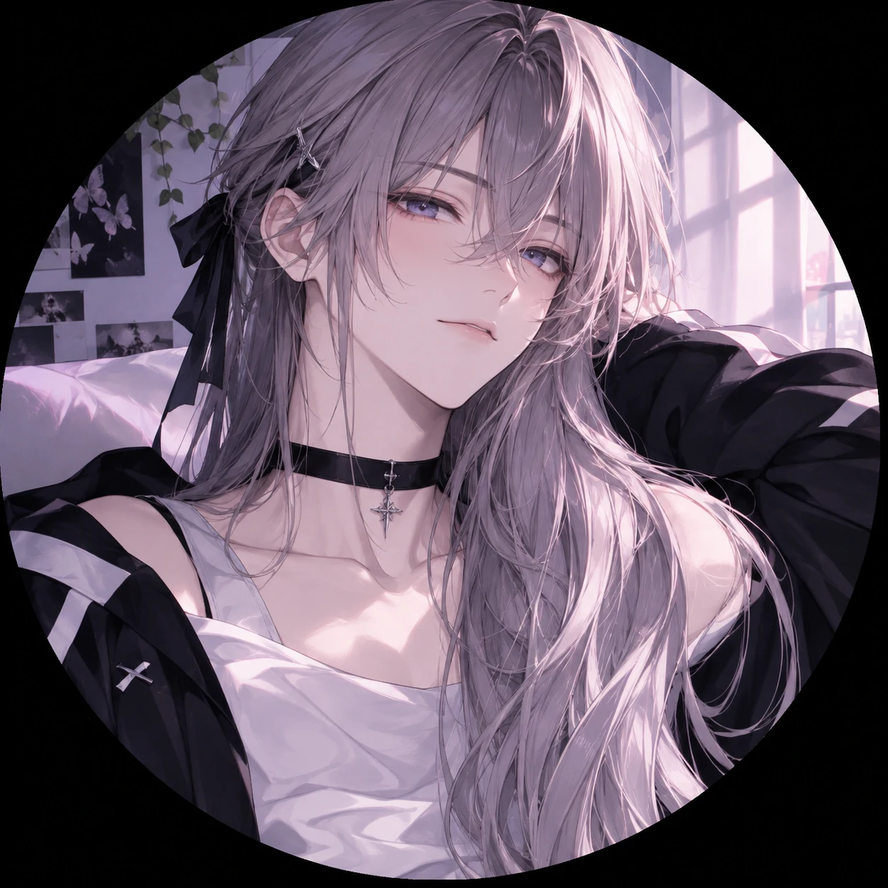 Anime femboy PFP of a long-haired boy with silky hair flowing over one shoulder