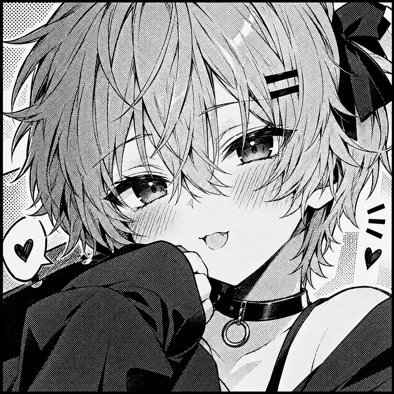 Manga panel style anime femboy PFP in black ink with screentone shading