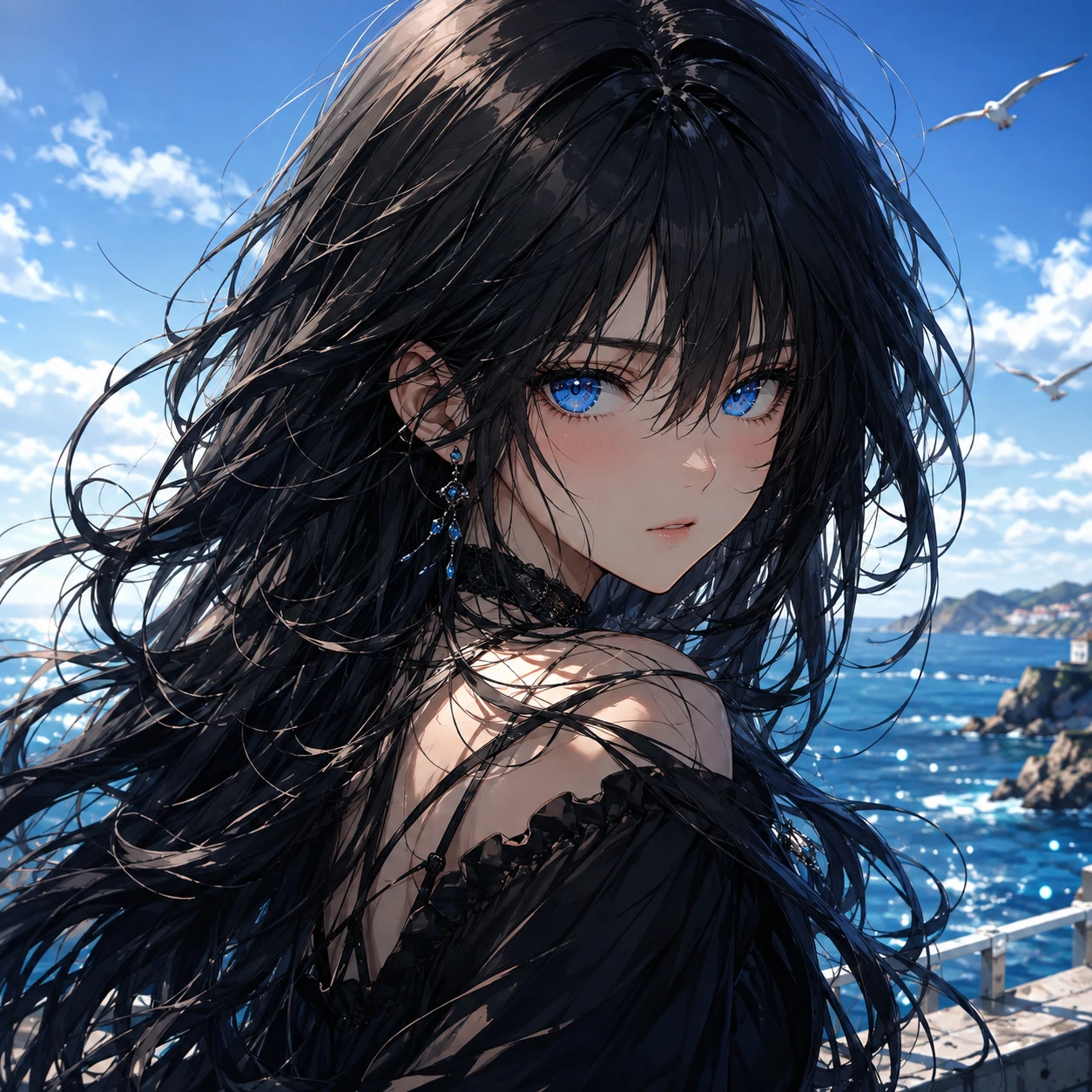 Anime girl pfp with long black hair and striking bright blue eyes