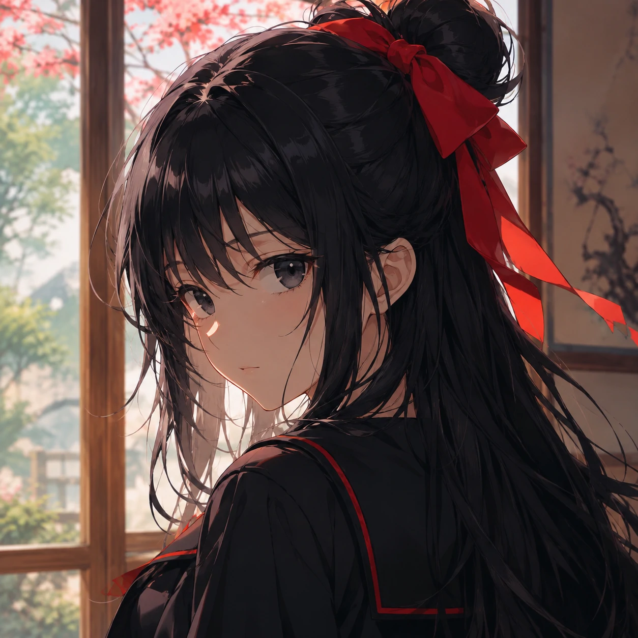 Black hair anime girl pfp with a bright red ribbon tied on top