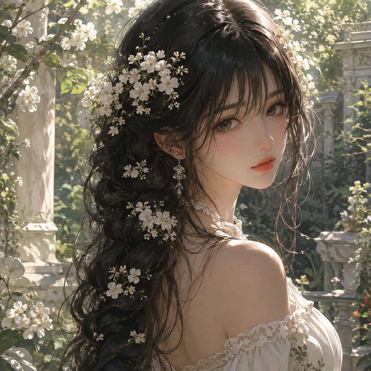 Anime pfp of a girl with black hair and tiny white flowers braided in