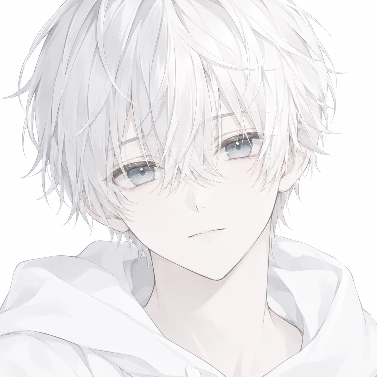 Anime white PFP of a boy with soft eyes, pale hair, and a plain white background