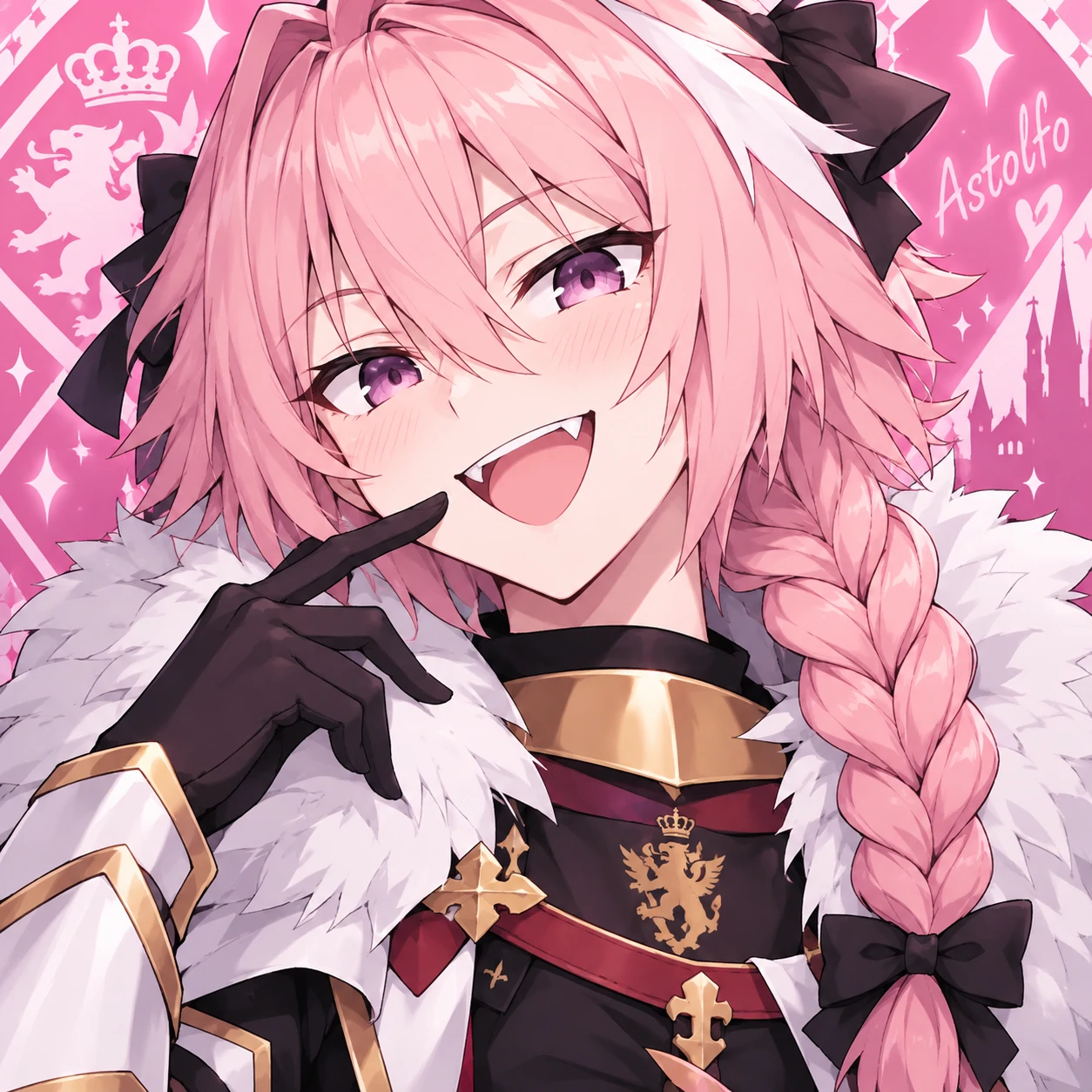 Astolfo femboy PFP with signature pink braid, fang smile and Fate series styling