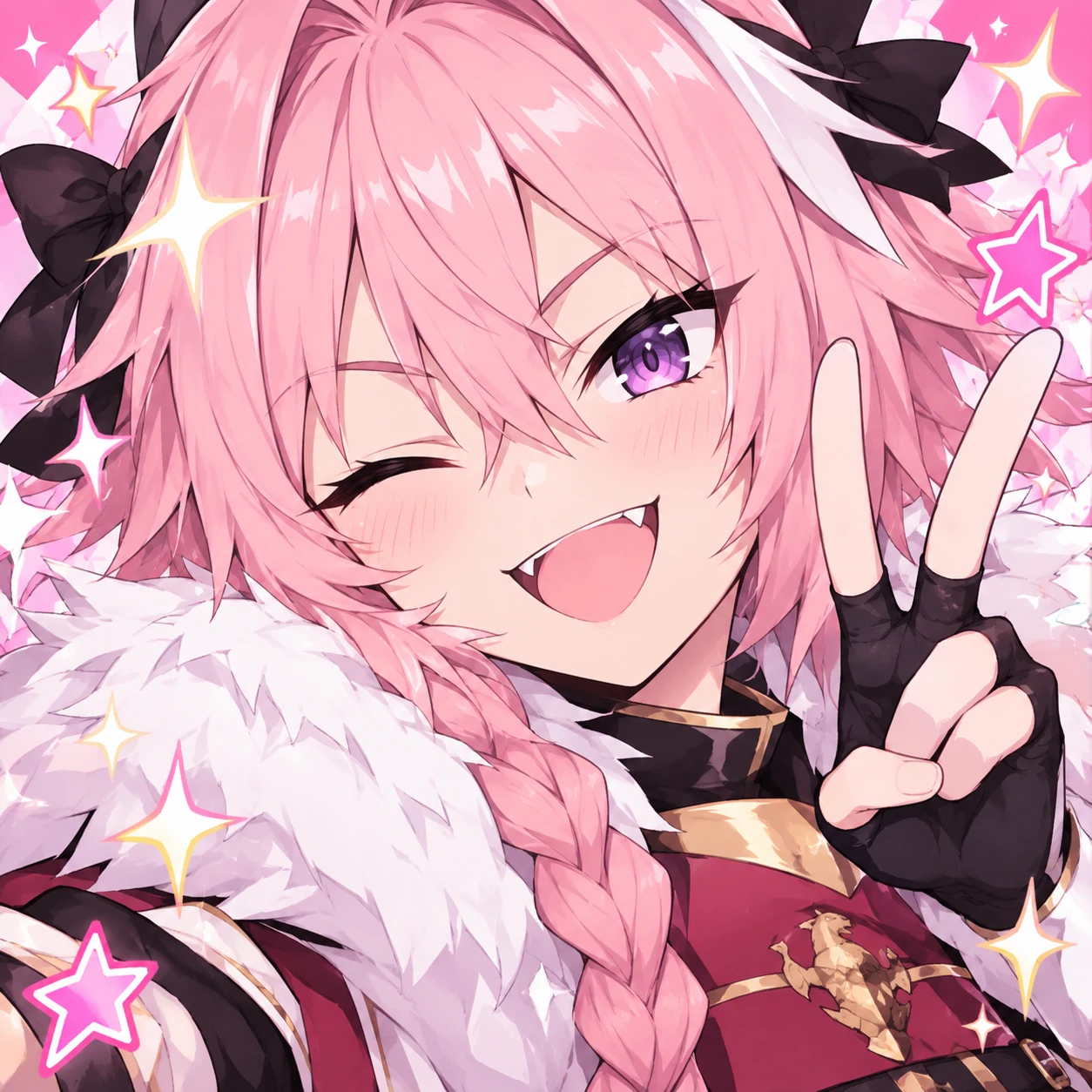 Astolfo femboy PFP with playful wink, peace sign and sparkle effects