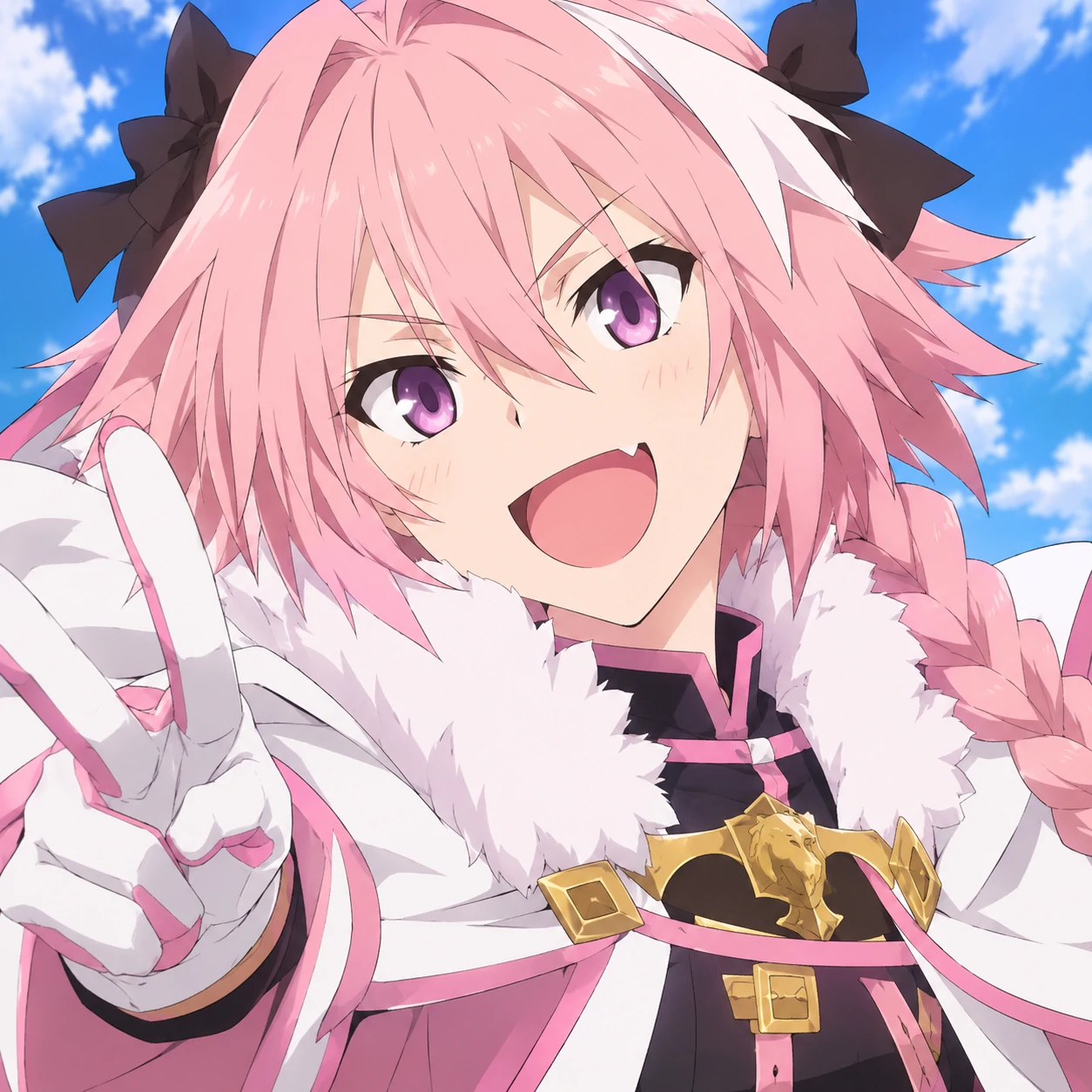 Astolfo PFP from Fate anime with white and pink outfit and cheerful grin