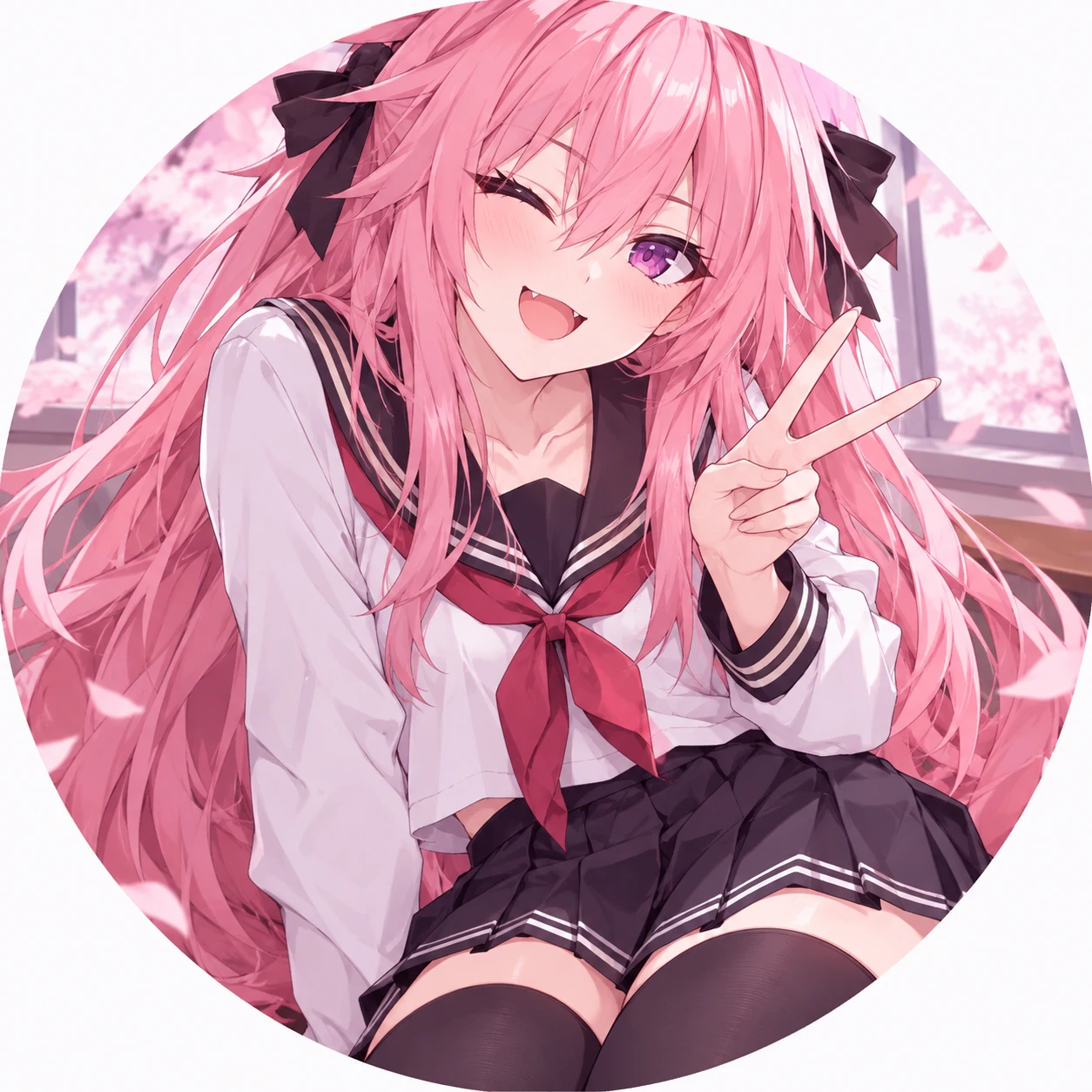 Astolfo PFP in his school uniform outfit with long pink hair and skirt