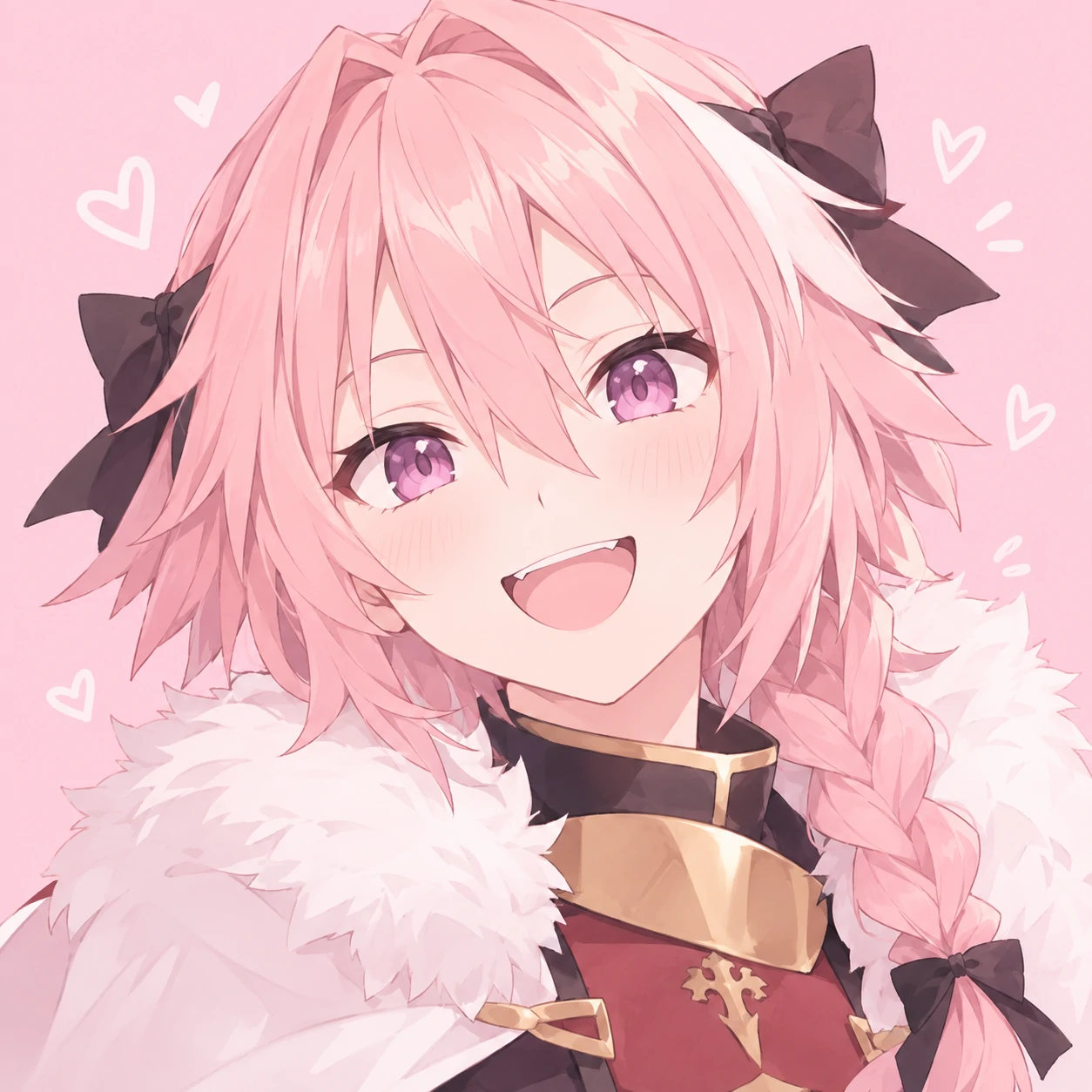Astolfo profile picture with warm open smile and soft pink pastel background