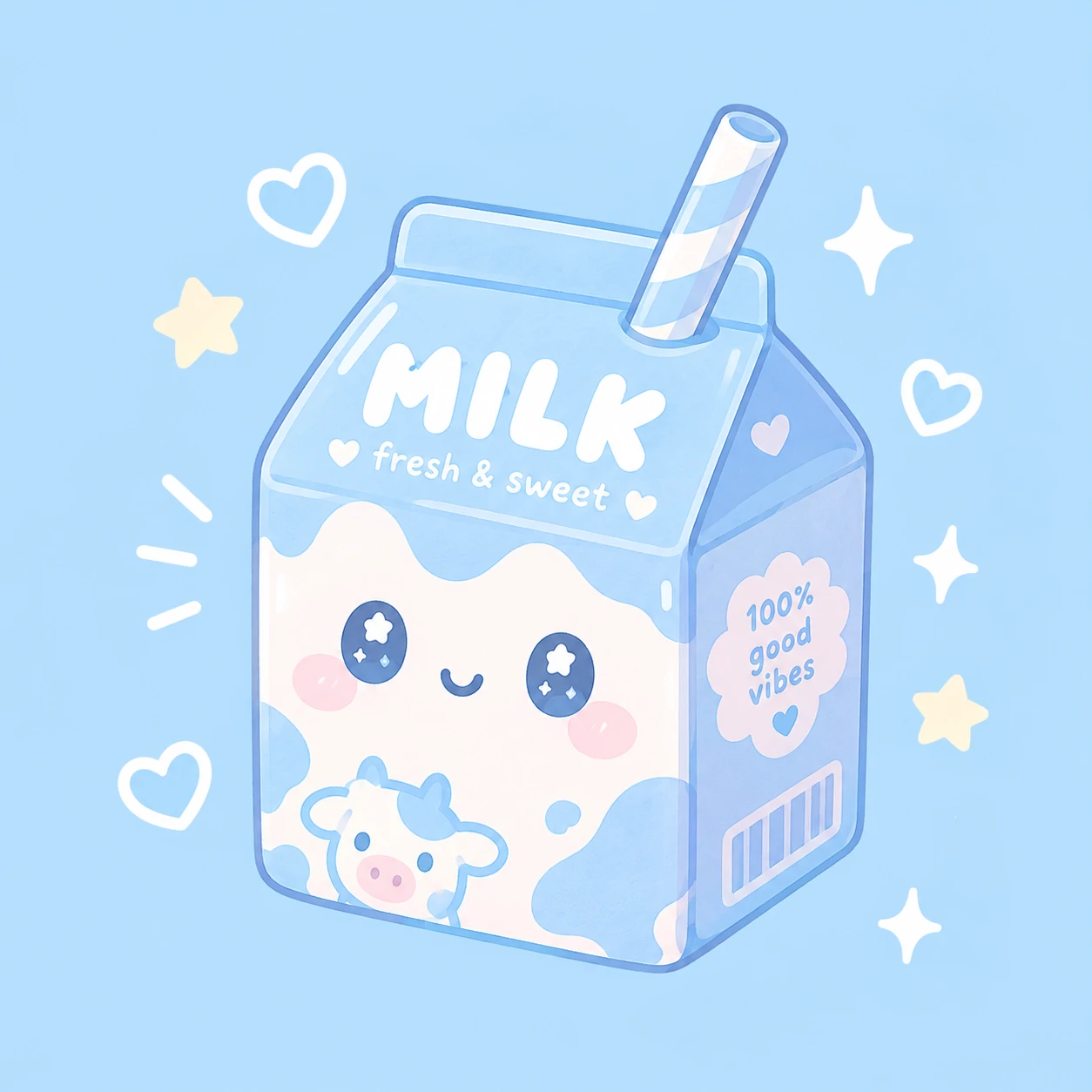 Baby blue aesthetic PFP of a cute milk carton illustration with pastel accents