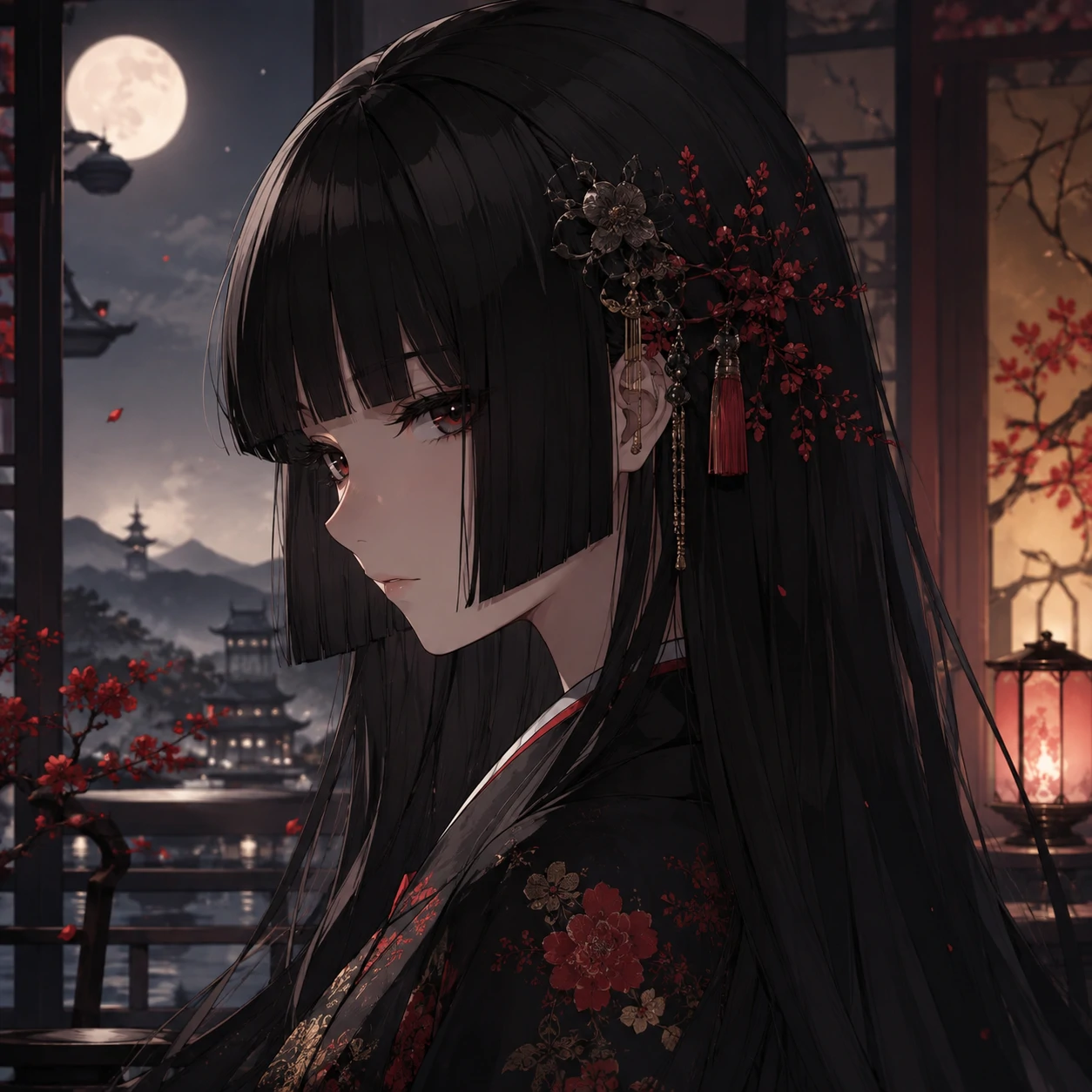 Anime girl avatar with elegant hime-cut black hair and side bangs
