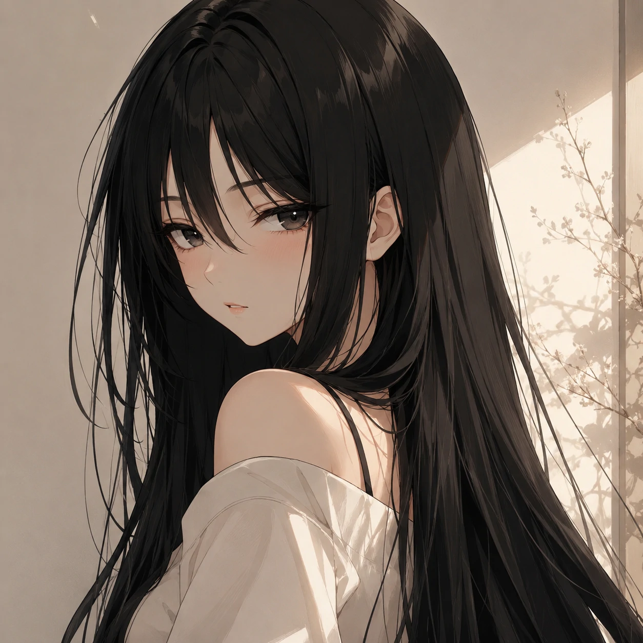 Anime girl pfp with long straight black hair and calm soft expression
