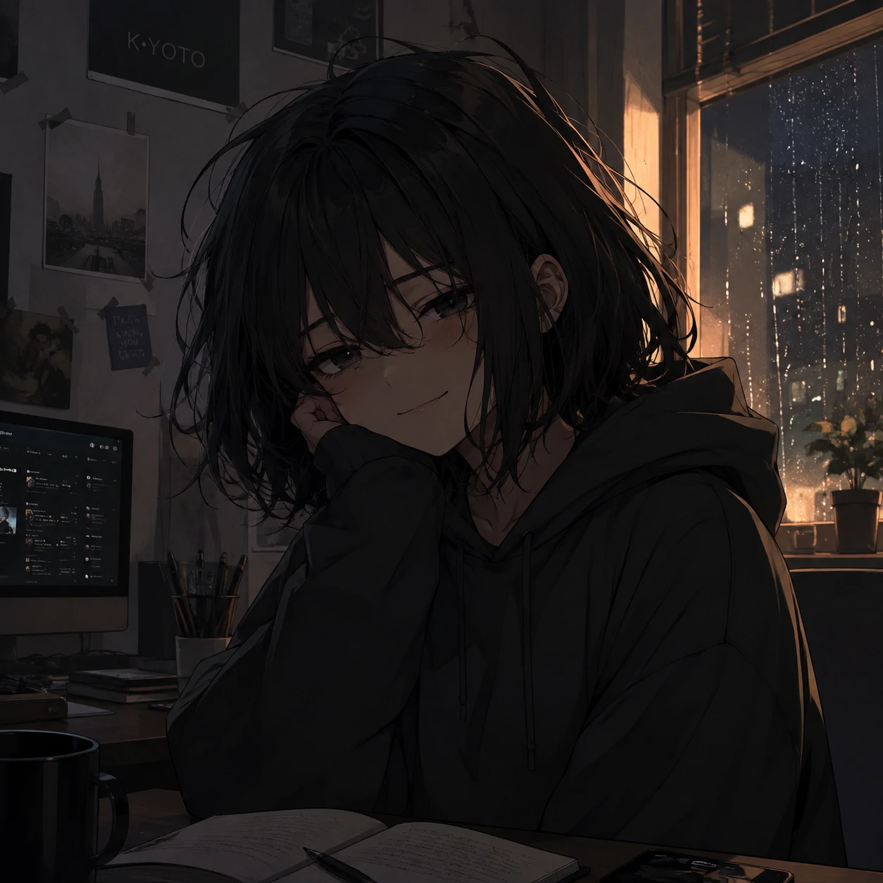 Messy black bob anime girl pfp with tired half-smile and hoodie