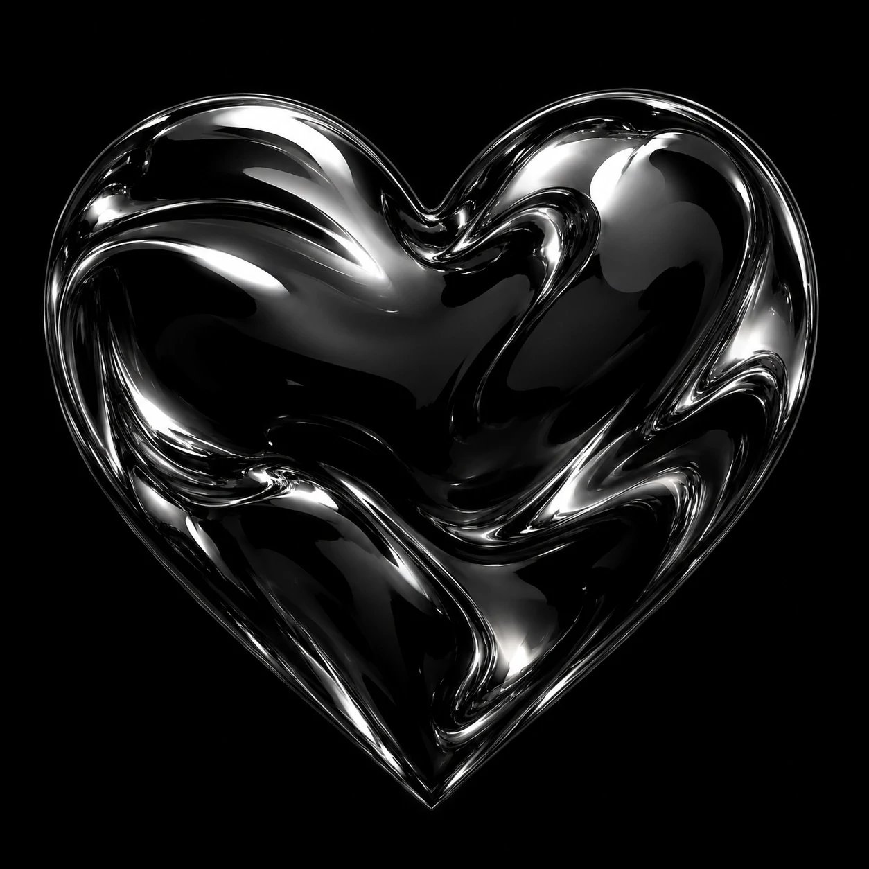 Black chrome heart pfp with liquid metal reflections and dark silver highlights