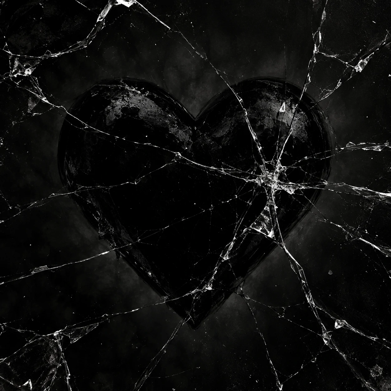 Black heart pfp behind cracked glass texture with fine fracture lines across it