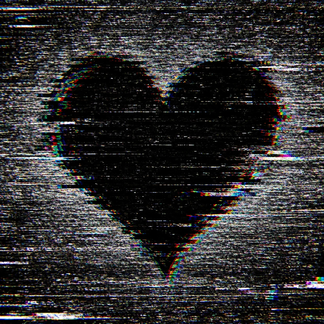 Grunge black heart pfp with VHS static noise and glitch distortion effects