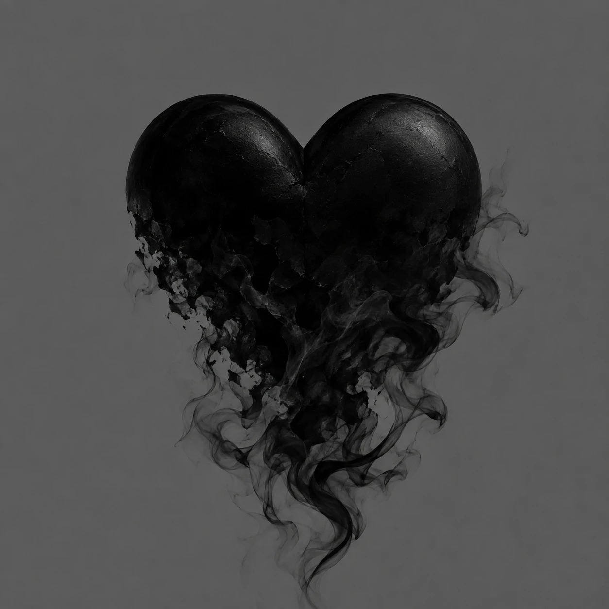 Black heart pfp dissolving into wisps of dark smoke on a grey background