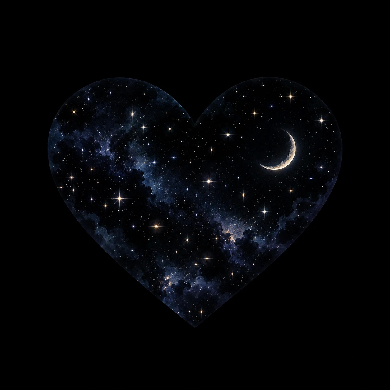 Black heart pfp filled with a tiny starry night sky and small glowing stars