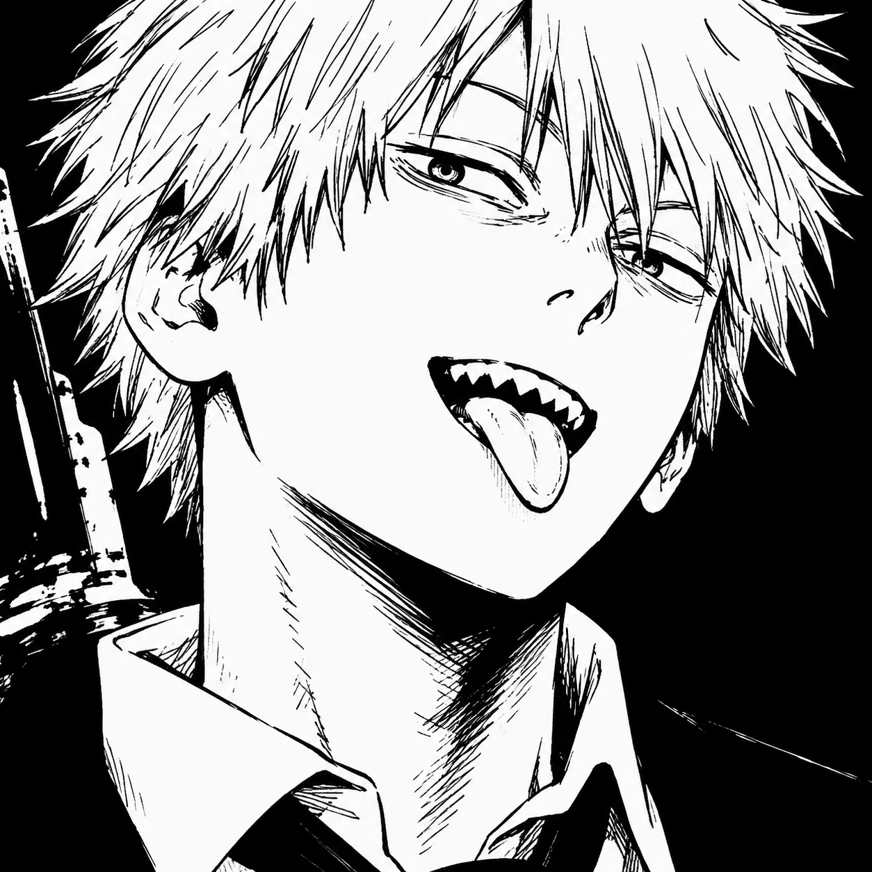 Black and white Denji PFP from the Chainsaw Man manga, high contrast ink