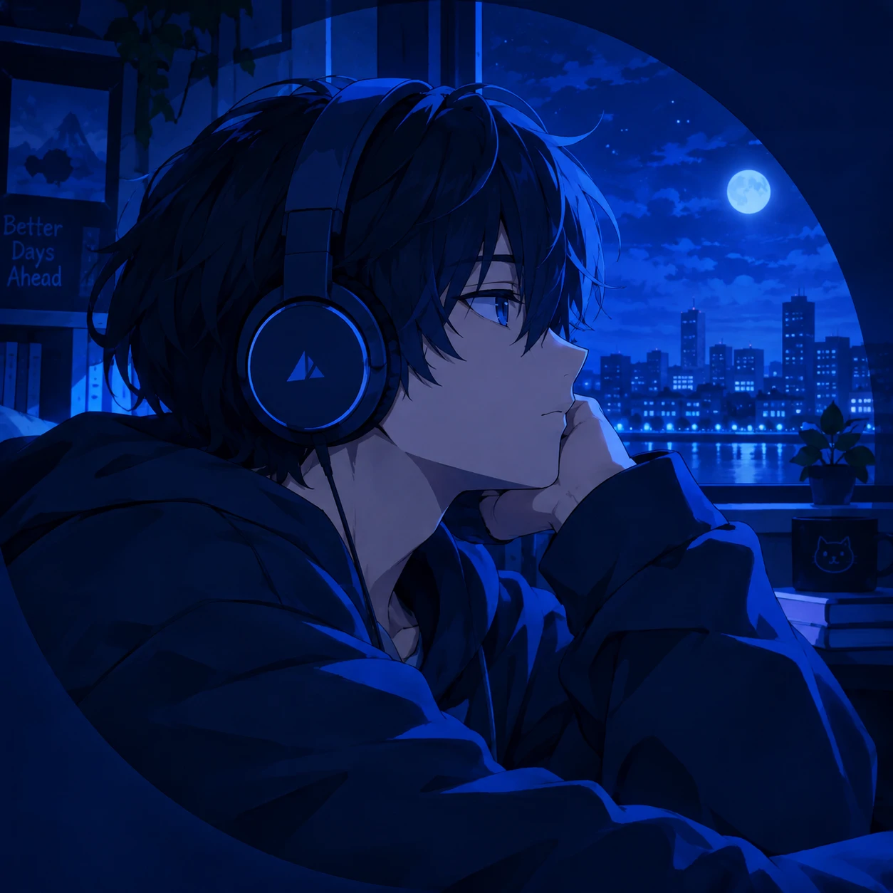Blue anime boy PFP wearing headphones with a calm lo-fi night background