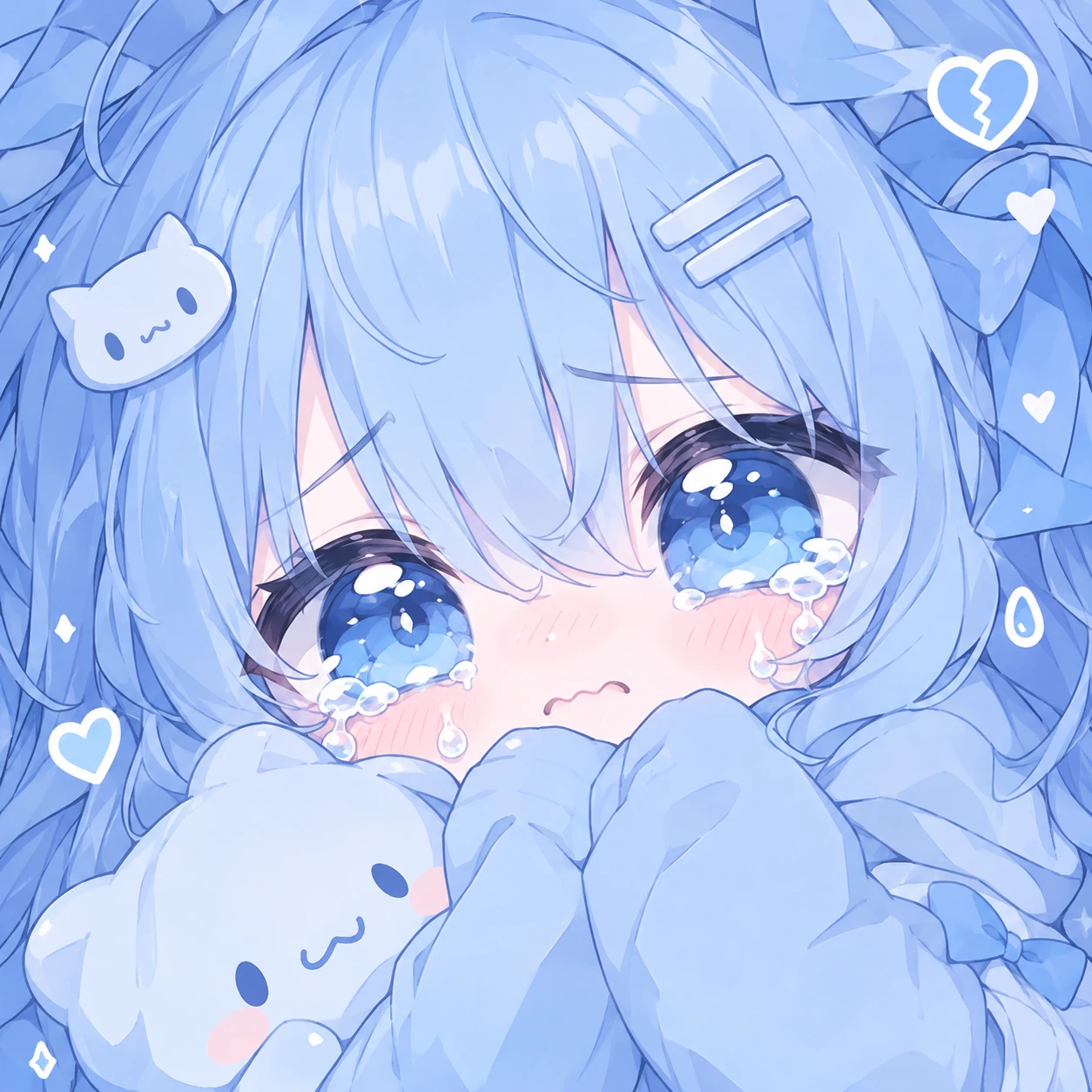 Cute blue chibi anime PFP of a teary-eyed character in soft blue tones