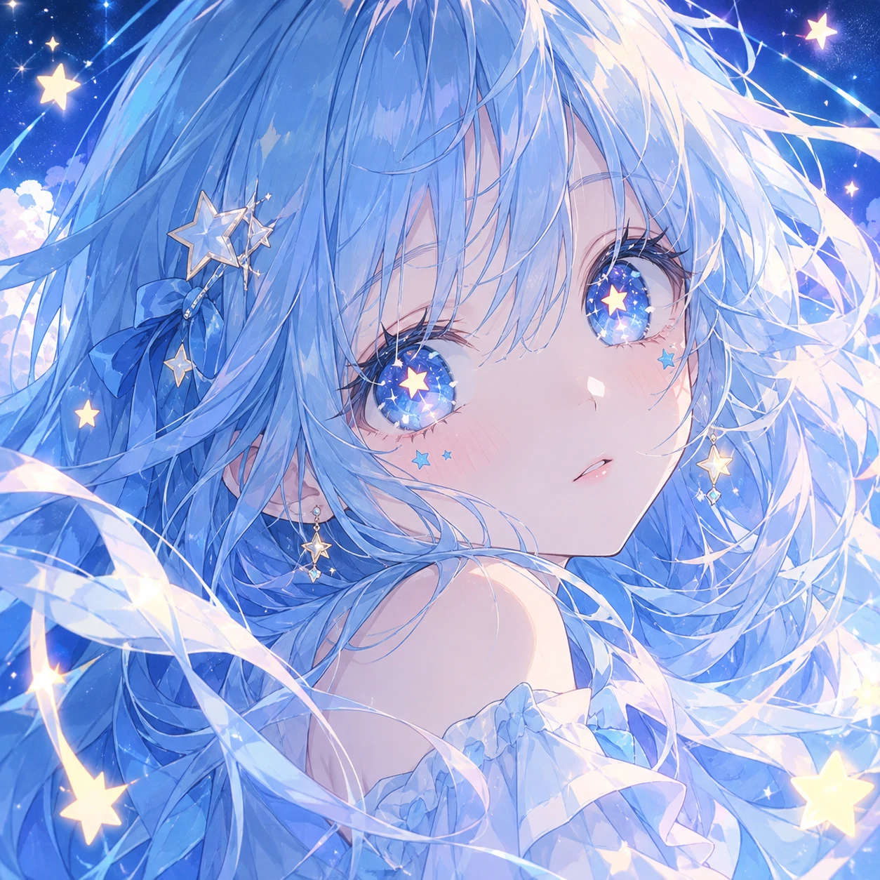 Blue anime girl PFP with starry eyes and flowing pastel blue hair