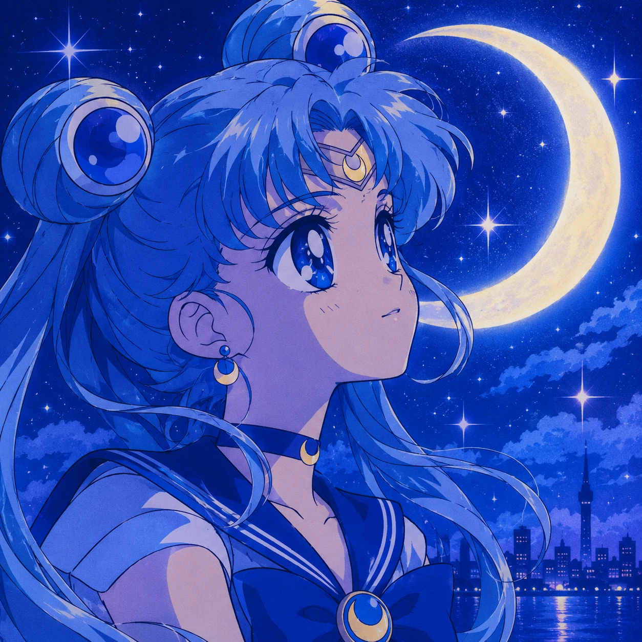Aesthetic blue anime PFP inspired by retro magical girl style with crescent moon
