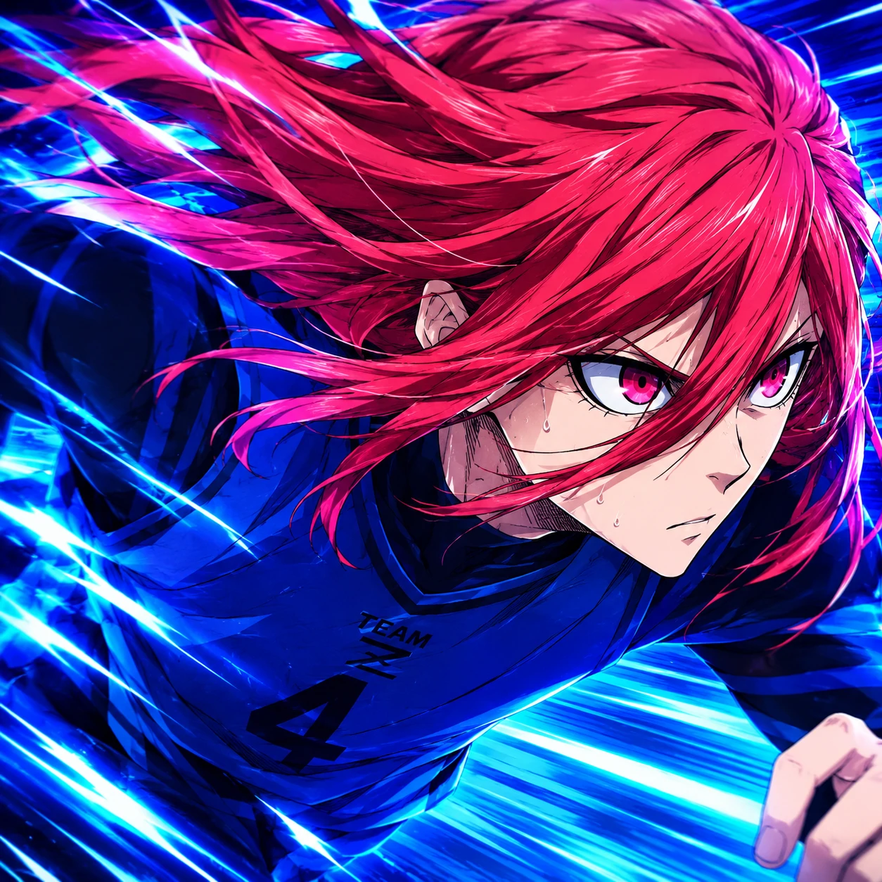 Blue Lock PFP of Chigiri with flowing red-pink hair against blue speed lines