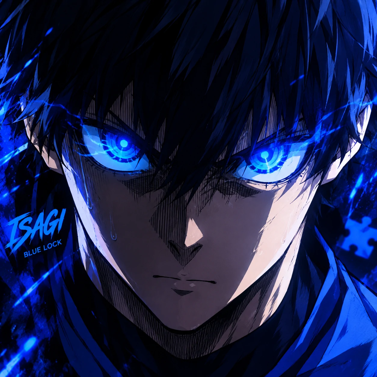 Blue Lock PFP of Isagi with intense glowing blue eyes and dynamic shading