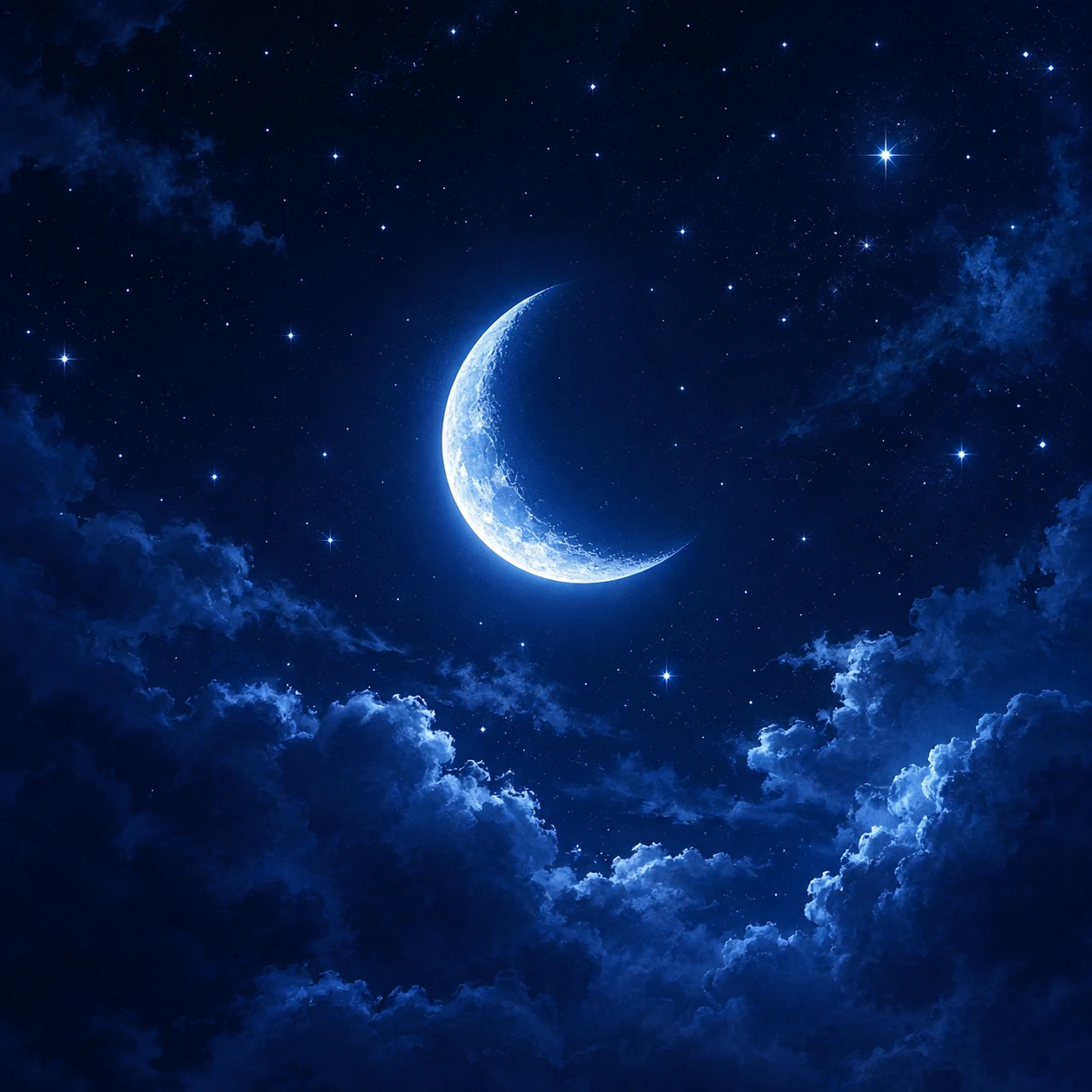 Aesthetic blue PFP featuring a glowing crescent moon against a midnight sky