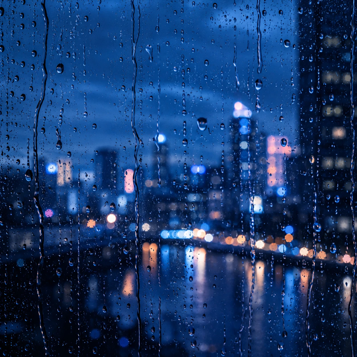 Moody blue aesthetic profile picture of raindrops on a window with city bokeh