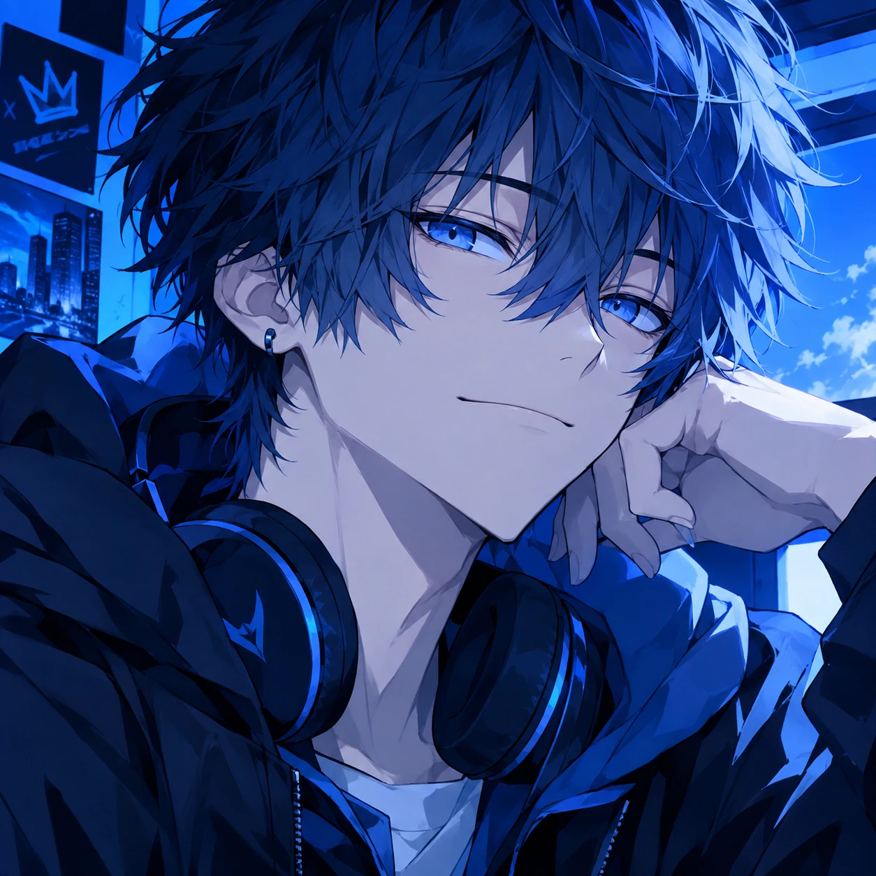 Cool blue anime boy PFP with messy hair and a calm confident expression