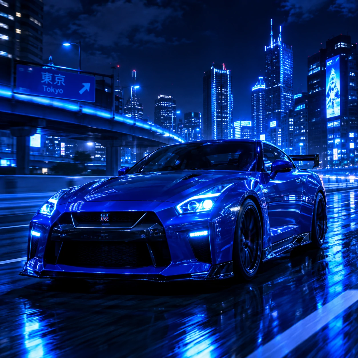 Blue car PFP for boys showing a sleek sports car under neon city lights