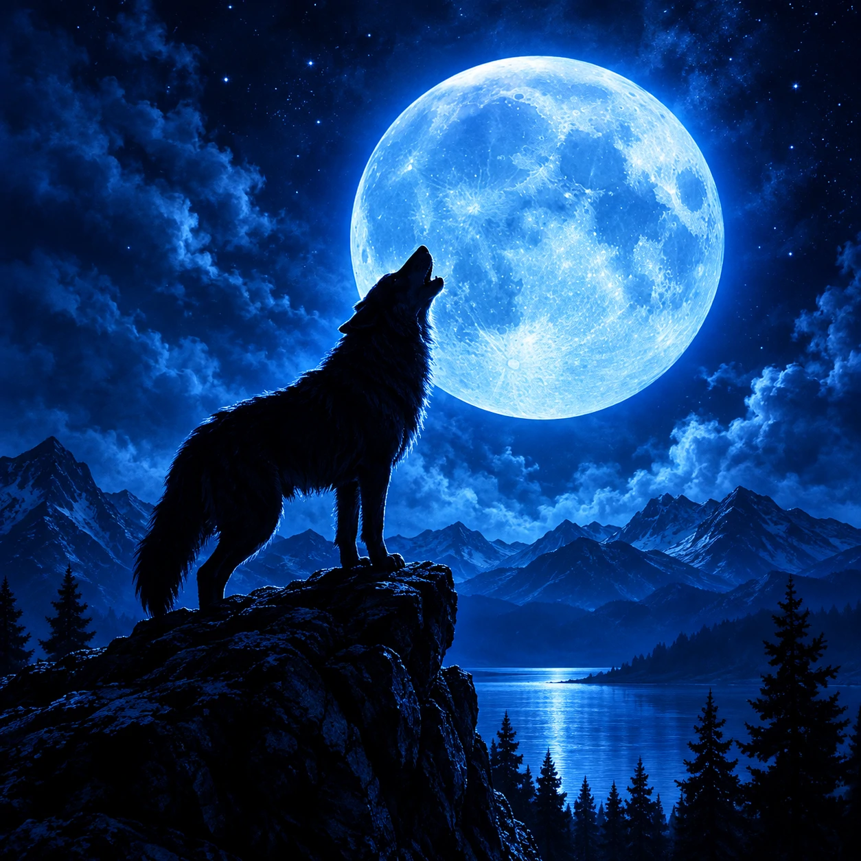 Blue lone wolf PFP with a howling wolf silhouette under a moonlit sky
