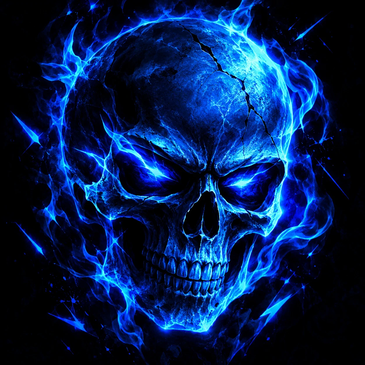 Edgy blue PFP for boys featuring a neon blue skull on a dark background