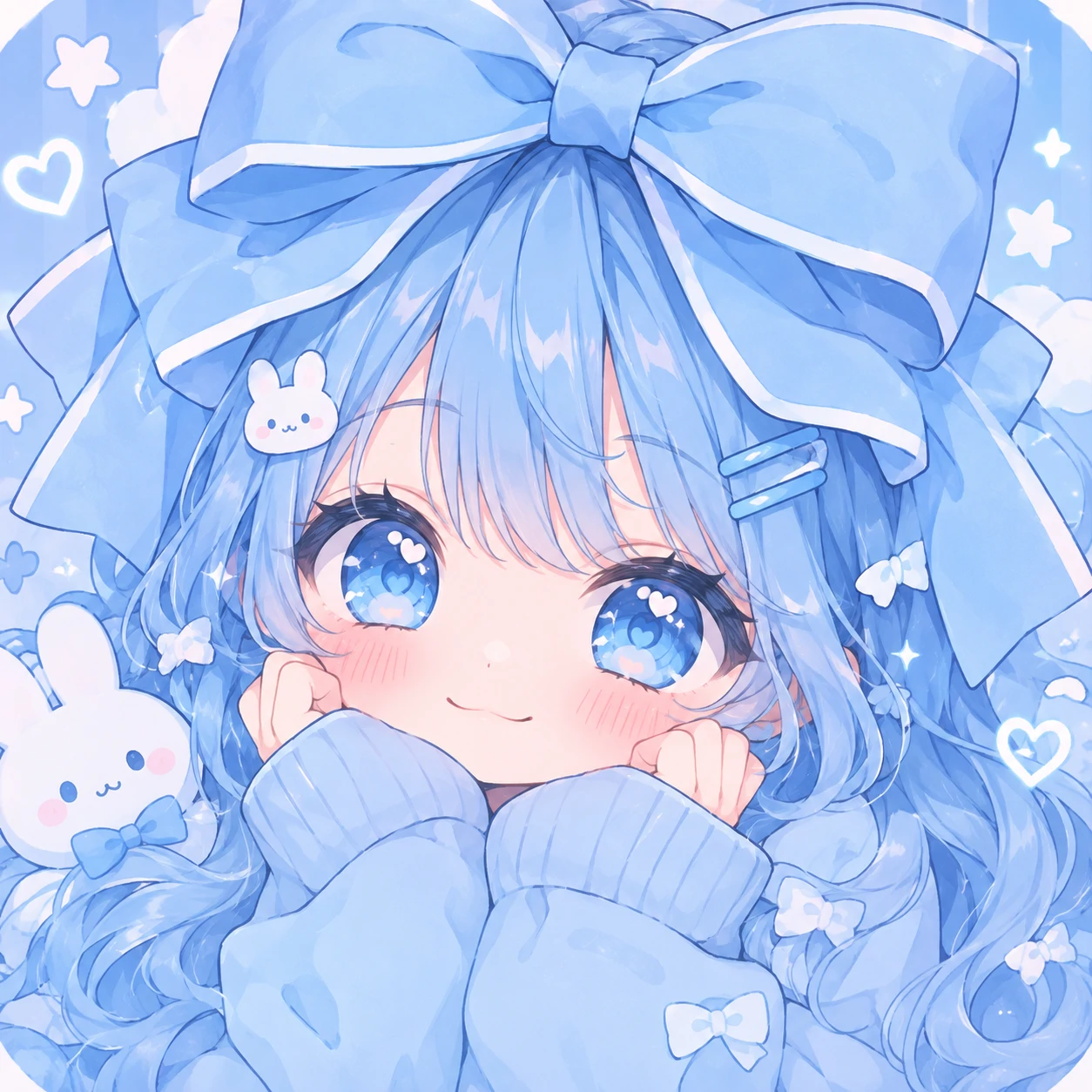 Kawaii blue girl PFP with an oversized ribbon bow and soft pastel cheeks