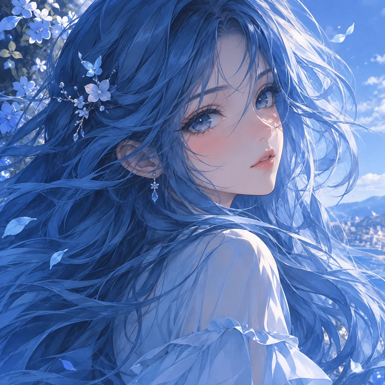 Blue PFP for girls showing an illustrated girl with long flowing blue hair