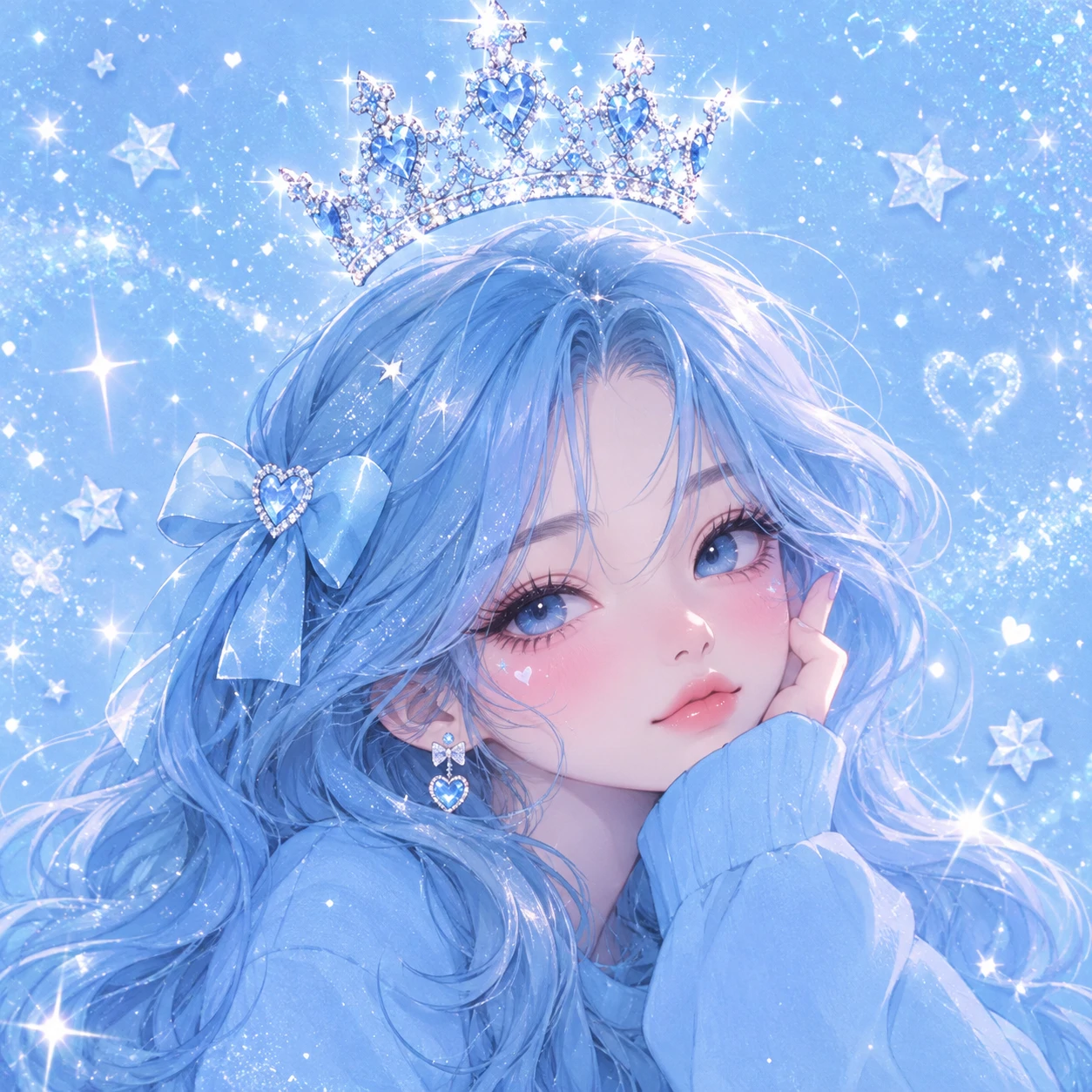 Cute blue girl PFP with glitter crown edit and sparkly pastel blue background