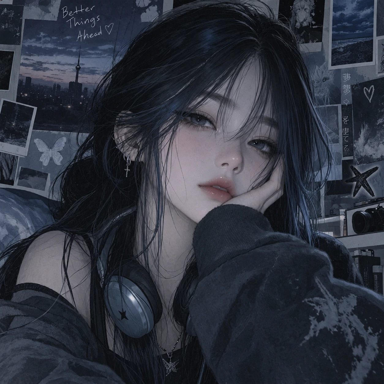 Blue and grey grunge girl PFP with dreamy Korean aesthetic styling